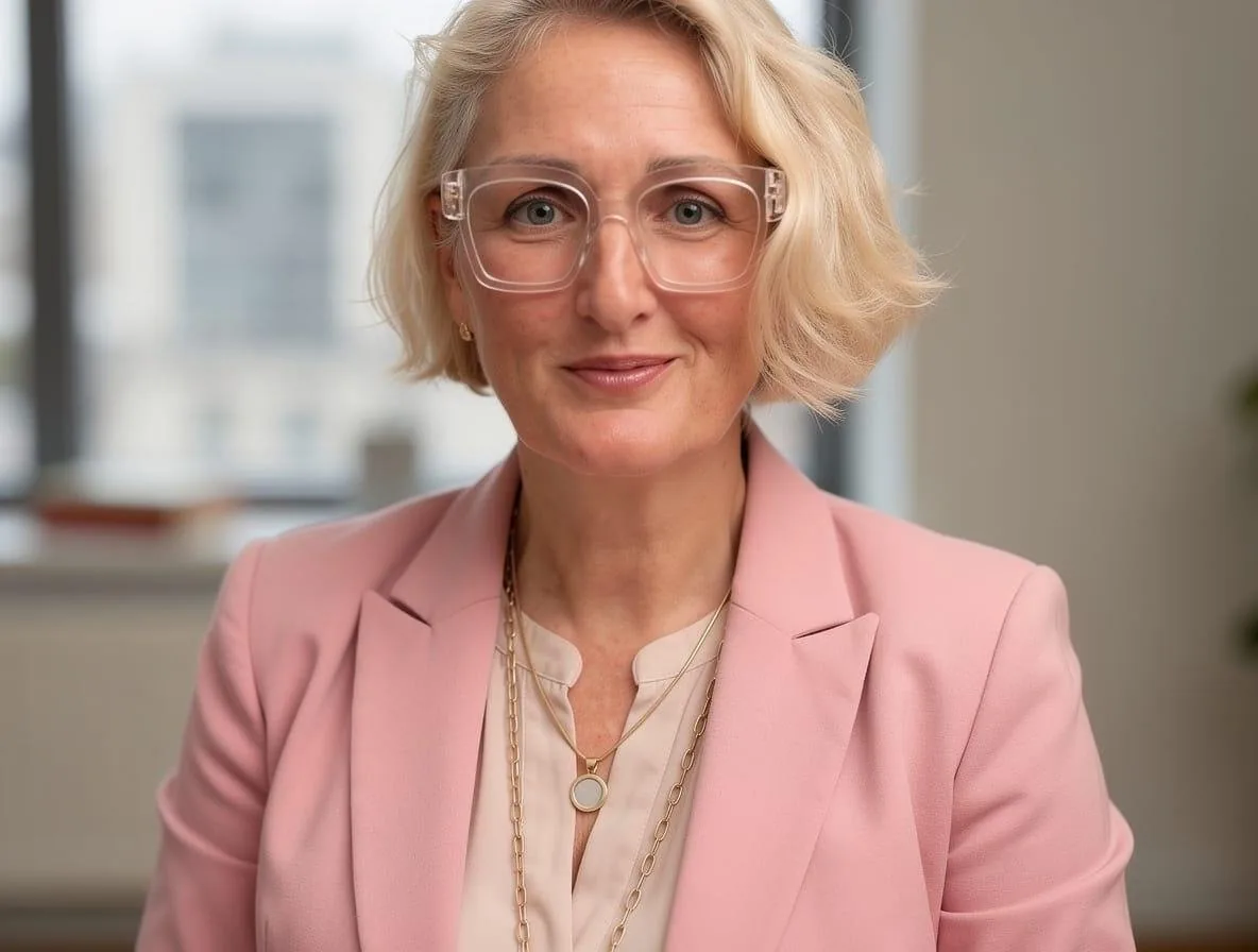 Kirsten Peter im rosa Blazer im Büro